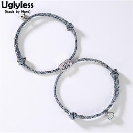 Uglyless 1Pair Lovers Infinity Bracelets Adjustable Rope Chain Bracelet for Couples 925 Silver Mountain Wave Bead Magnet Jewelry C1987