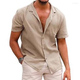 Men's Casual Shirts 2023 Solid Colour Linen Shirt Men Streetwear Turn Down Collar Button Short-sleeved High Quality Breathable S-3XL