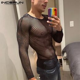 Men's TShirts Tops Summer Fashion Men's Undershirt Oneck Tees Long Sleeved Party Nightclub Breathable Mesh TShirts S5XL INCERUN 230720