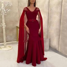 Burgundy Arabic Evening Dresses Crystal Beaded Mermaid Long Sleeves Elegant Formal Prom Dress Plus Size Women Party Gowns Robe De 176W