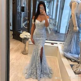 Sexy Off Shoulder Sliver Prom Dresses Lace Mermaid Style Appliques Front Split Stylish Evening Party Gowns Elegant Long Vestido249224h