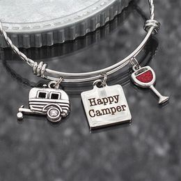 8pcs lot Happy Camper Bracelet camping gift RV travel trailer charm Stainless Steel adjustable bangle glamping jewelry gift228n