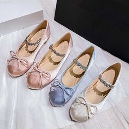 Dress Shoes luxury bowtie silk ballet flats women crystal band Mary janes round toe soft bottom ballerina shoes woman moccasins big size 43 L230721