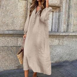 Casual Dresses Elastic Women Dress Loose Long-sleeved Elegant V-neck Cotton Linen Breathable Long Sleeve With For Summer