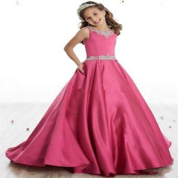 Classic Pageant Dresses with Beading Girls Wedding Birthday Party Dress Kids Satin Formal Dress for 6 - 14 Years Old2542