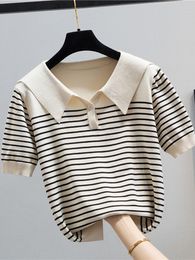Women's T Shirts 2023 Summer Striped Shirt Women Short Sleeve Tshirts Turn-Down Collar Tee Femme Korean Style Clothes Slim Knitted Tops F