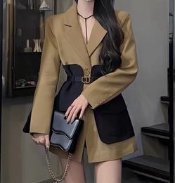 2023 new classic vintage fashion temperament in the long Colour contrast patchwork suit jacket female style loose jacket