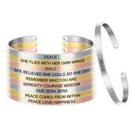 10pcs lot Laser Engraving Positive ID Inspirational Quote Stainless Steel Bangles Collection Customised Cuff Mantra Bracelet SL-05226M