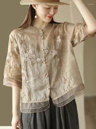 Women's Blouses 2023 Summer Womens Floral Embroidery Shirts Vintage O Neck Single Breasted Blouse For Female Chinese Style Patchwork Blusas