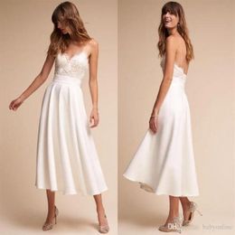 Simple White Tea Length Wedding Dresses A Line Spaghetti Straps Lace Appliques Top Summer Beach Boho Bridal Gowns Robe de mariee267s