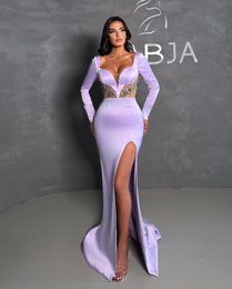 Arabic Lavender Mermaid Prom Dresses Long for Women Sweetheart Long Sleeves High Side Split Formal Occasions Evening Pageant Birthday Celebrity Party Gowns