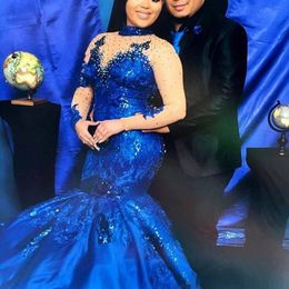 New Customise Royal Blue Evening Dresses High Neck Long Sleeves Lace Appliques Evening Gowns Plus Size Satin Mermaid Formal Wear211O