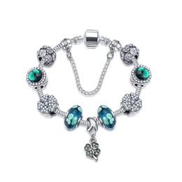 18-21CM New Four-leaf clover bracelets charm four leaf pendant lucky green crystal beads 925 silver bangle DIY jewelry309U