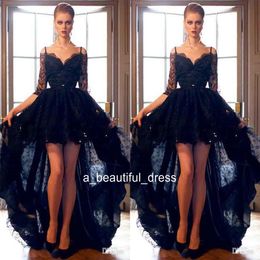 Short Front Long Back Black Lace High Low Prom Dresses with Sequins Mid Sleeves Spaghetti Straps Evening Party Formal Gowns ED1296254W