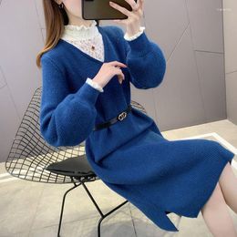 Casual Dresses Woman Knitted Sweater Dress Female Long Sleeves Oatchwork Print Autumn Ladies Ribbed Midi-length Bodycon Thick G642