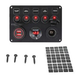 5 Gang Boat Switch Panel Car Switch Panel Waterproof Digital Voltmeter Dual USB Port 12V Outlet Combination Marine LED Rocker Car2976