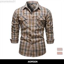 Men's Casual Shirts AIOPESON Men's Plaid Shirts 100% Cotton Chequered Long Sleeve Double Pockets Shirts for Men Fashion Social Business Men Shirts L230721