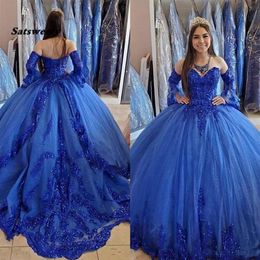 Prinzessin Arabisch Königsblau Quinceanera Kleider 2021 Spitze Applikation Perlen Herzförmiger Abschlussball Kleider Schnürung Sweet 16 Party Dress261n
