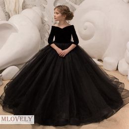 Black Princess Ball Gown Kids Pageant Dress with Elegant Half Sleeves for Girls Aged 5 -14 Years2505