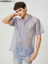 Men's Casual Shirts Fashion Men Shirt Striped Lapel Short Sleeve Streetwear 202 See Through Summer Camisas Button Casual Men Clothing S-5XL L230721