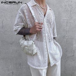 Men's Casual Shirts INCERUN Men Shirt Mesh See Through Lapel Sexy Short Sleeve Lace Button Camisas Streetwear Party Nightclub Men Clothing 7 230721