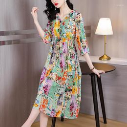 Casual Dresses 2023 Women Floral Chiffon V-Neck Dress Summer High Quality Elegant Korean Vintage Bodycon Night