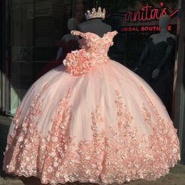 Elegant Coral 3D Floral Flowers 2022 Quinceanera Prom Dresses Off Shoulder with Capped Sleeves Tulle Ball Gown Vestidos 15 Anos254Q