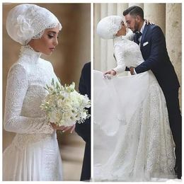 Modest Muslim Wedding Dress 2019 Turkish Gelinlik Lace Applique floor length Islamic Bridal Dresses Hijab Long Sleeve Wedding Gown213i