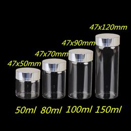 Whole- 50ml 80ml 100ml 150ml Large Glass Bottles with Silver Screw Caps Empty Spice Bottles Jars Gift Crafts Vials 24pcs 320F