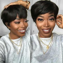 Short Human Hair Wigs Pixie Cut Wigs For Black Women With Bangs 4 Inch Brazilian glueless full lace front and Baby Hairs Africans 260M