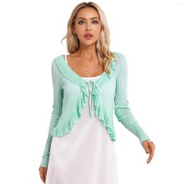 Women's Jackets Womens Lace-up Ruffle Trim Shrug Top Elegant Long Sleeve Bolero Cropped Jacket Summer Ladies Sun-Protective Cover Ups