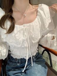Women's Blouses White French Shirt Long-sleeved Doll Neck 2023 Early Spring Autumn Small Chic Slim Short Top