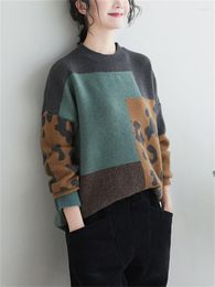 Women's Sweaters Winter Fashion Leopard Plaid Patchwork Long Sleeve Elegant Loose Casual Female Soft Cozy Pullovers