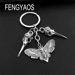 New Animal Moth Skull Keychain for Women Sugar Skull Bird Key Chains House Gothic Keychains for Men