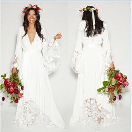 2017 Verão Praia Boho Vestidos de Noiva Estilo Boêmio Hippie Baratos Vestidos de Noiva Manga Longa Renda Flor Vestido de Noiva Plus Size264s