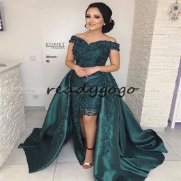 Elegant Off Shoulder Emerald Green Arabic Evening Dress with Detachable Train Kaftan Dubai Women Plus Size Formal Prom Dresses206S