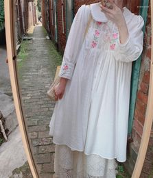 Casual Dresses Summer Women's Retro French Doll Neck Loose Embroidered White Long Shirt Dress