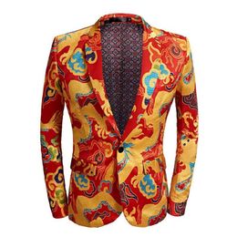 Men's Suits Blazers Suit Coat Spring And Autumn Yellow Fashion Trend Chinese Style Personality Printed Stage Singer Large Size 230720
