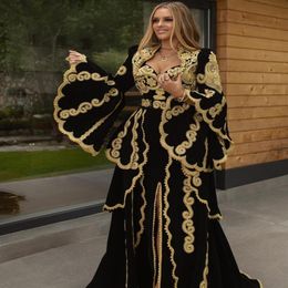 Traditional Kosovo vestidos formales Arabic Velvet Evening Dresses Flared Sleeves Applique Split Prom Dress robe de soiree 2021 Br249H