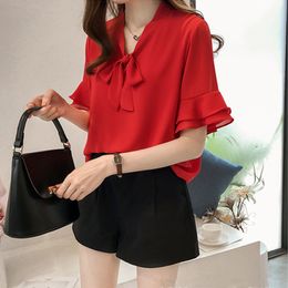 Summer Blouse Women Chiffon Shirt Office Work Tops Short Sleeve Shirts Korean Bow Neck Ruffle White Apricot Red Blouses