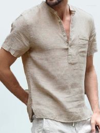 Men's Casual Shirts Cotton Linen Blouse Tops Summer Men Collarless Button Short Sleeve Solid Loose Workwear BSDFS-ZT128