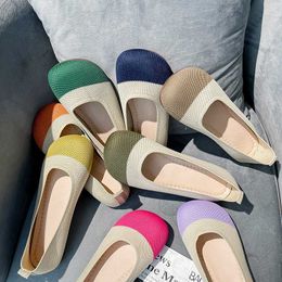 Dress Shoes candy mixed color fly weaving flat shoes woman big round toe moccasins shallow mouth stretch fabric slip on loafers women L230721