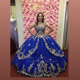 Vintage Royal Blue And Gold Embroidery Lace Quinceanera Dresses Prom Pageant Ball Gown V neck Corset Crystals Beaded Vestido De 16216r