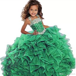 Emerald Green Girls Pageant Dress Ball Gown Long Turquoise Organza Crystals Ruffled Flower Girls Birthday Party Dresses For Junior282v