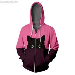 Men's Hoodies Sweatshirts Black Cat Zipper Hoodie Hip Hop Pink Purple Splice Colour Woman 3D Hooded bluza damska Pussy Zipper Sweatshirt Men Jacket Coat L230721