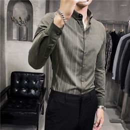 Men's Dress Shirts Personality Half-side Striped Long-sleeved Shirt Korean Version Slim Fashion Army Green/ Mens