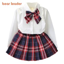 Bear Leader Girl Dress New Princess Dresses Class Uniforms Kids Girls Bow T-shirt+Plaid Dress Children Costume Clothing 2pcs