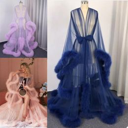 Women's Fur Robe Custom Made Soft Ruffled Long Sleeves Tulle Pajamas Dresses Maternity Sexy Party Gowns Sleepwear Bathrobes2022