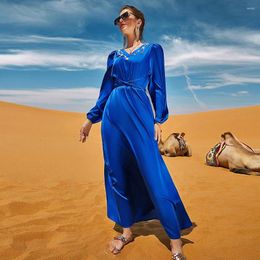 Ethnic Clothing Abaya Dubai Woman 2023 V-Neck Rhinestone Belted Kaftan Long Sleeve Party Dresses Solid CoLor Robe Islamic For Women