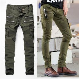 new men designer army green biker jeans men straight slim fit stretch denim skinny jeans mens trousers2663